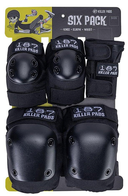 The 187 Killer Pads Six Pack Combo Skate Protection Pad Set - Black provides skaters with superior safety features, including hard-shell caps on the knee, elbow, and wrist pads. The package features a cartoon skater illustration and boldly presents itself as the "Six Pack" pad set for ultimate confidence.