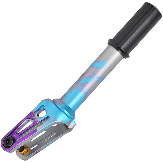 The Oath Shadow IHC Stunt Scooter Fork in Blue, Purple, and Titanium is a vibrant scooter fork crafted from durable 6061 T6 Aluminium. It features a metallic finish with shades of purple, blue, and silver and includes angular shapes along with a black cylindrical section at one end, designed to support 125mm wheels.