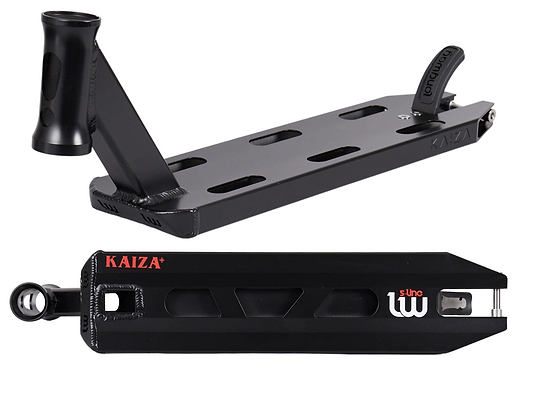 A black Longway S-Line Kaiza+ stunt scooter deck, measuring 4.5" x 19", with intricate cutouts and the brand name prominently displayed as "KAIZA." The top image highlights the deck's angled view, showcasing the mounting holes, a flex fender brake, and kicktail. The bottom image provides a side perspective featuring the "1 Line" logo and titanium bolts.