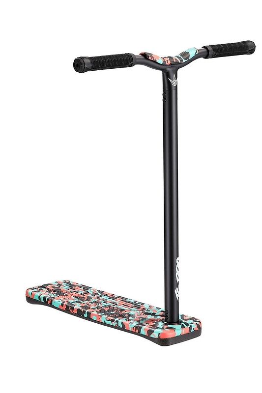 The Blunt Envy TS Pro 6 Indoor Trampoline Stunt Scooter in Teal Camo boasts a striking black T-bar handle and a vivid red, teal, and black camo pattern on the base. This customizable scooter model is pictured against a white background, perfect for riders eager to express their style.