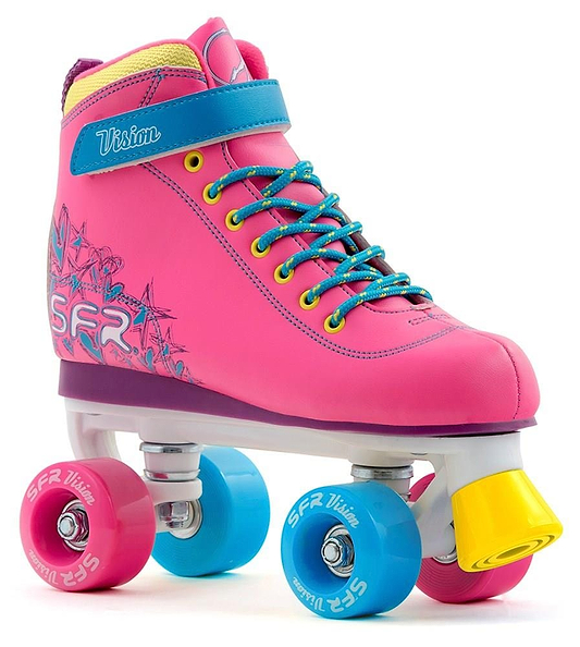 The SFR Vision II Quad Roller Skates - Tropical feature a bright pink design with blue and yellow accents, blue laces, ankle support, multicolored polyurethane wheels, "Vision" on the ankle strap, and "SFR" on the side.