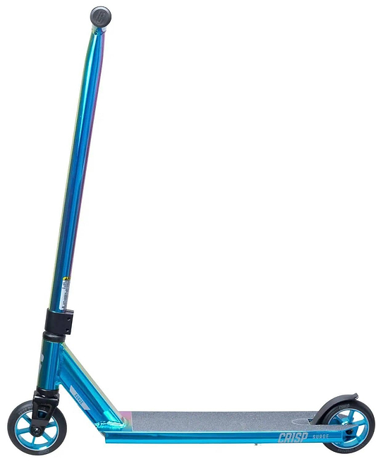 The Crisp Surge Complete Stunt Scooter - Full Neochrome by Crisp features a lightweight aluminium deck, two small wheels, a grip tape deck, and T-shaped handlebar, displayed in profile against a white background.
