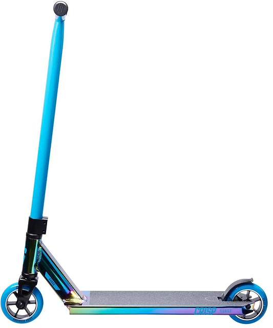The Crisp Surge Complete Stunt Scooter - Neochrome / Blue features a blue handlebar, metallic rainbow neochrome deck, and two 110mm blue alloy core wheels by Crisp, displayed on a white background.