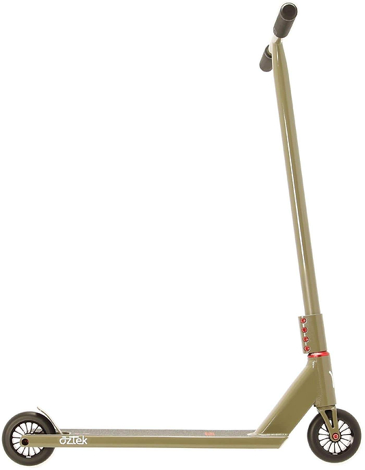 The Aztek Architect 2 Complete Stunt Scooter - Zircon Sand features black grips, a flat deck, small black wheels, and red accent bolts—ideal as an entry level street scooter.
