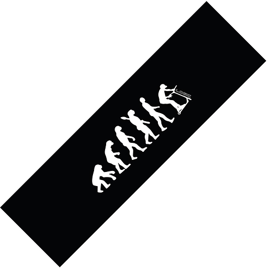 The Logic V2 Stunt Scooter Griptape - Evolve by Logic showcases a digitally printed silhouette illustration of human evolution from an ape-like figure to a person pushing a lawnmower. Progressing from left to right on a black background, this artwork features an ultra-grippy finish similar to skateboard griptape, enhancing its visual texture.