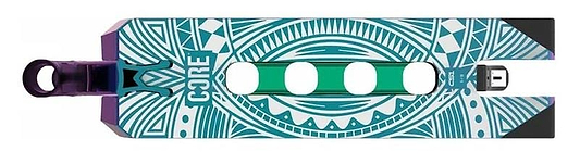 A park-oriented deck characterized by intricate geometric patterns in teal and white, complete with circular cutouts and the "CORE" branding on the left side. This CORE CL1 Neochrome Stunt Scooter Deck—measuring 5" x 19"—features a visible nose on the left, providing a comfortable feel for every trick.