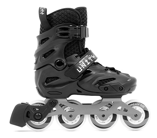 The Anarchy Unity Adjustable Inline Skates in black feature a sleek silver aluminum frame and four grey wheels with black details. They have a high ankle boot with adjustable straps and visible ventilation holes, combining style and functionality.