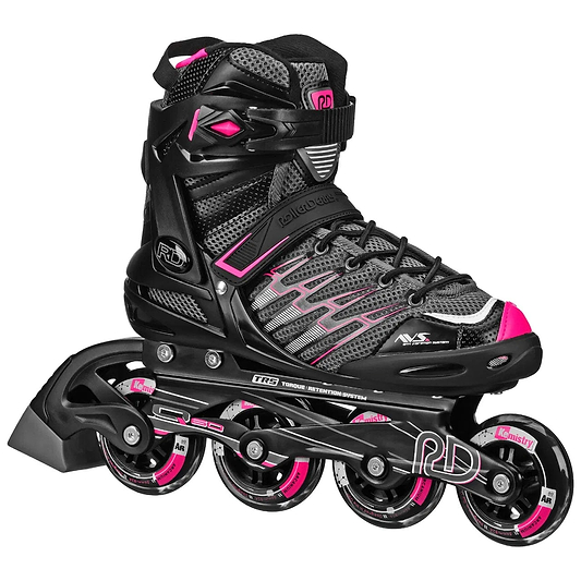 The Roller Derby Aerio V2 Q-60 Womens Inline Skates in Black/Pink feature mesh and hard plastic, elite speed wheels, and an adjustable ankle strap—ideal for recreational skating.