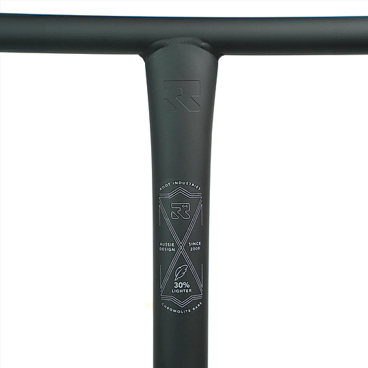 A close-up of the black handlebar stem displays the "Root Industries" logo and text: "Aussie Design," "Since 1200," and "Chromoly Lite Bar, 30% Lighter." The Root Industries ChromoLite Steel Oversized HIC Stunt Scooter T-Bars - Black 620mm x 600mm features a smooth matte finish.