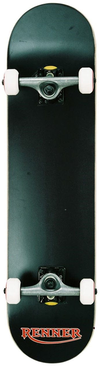 The Renner Pro Series Black Complete Skateboard - 7.75" x 31", by Renner, boasts a sleek black design complemented by white wheels and metal trucks. Its deck is crafted from premium Canadian Maple, proudly displaying the "RENNER" logo in striking red and orange lettering. Photographed from a top view against a white backdrop, this skateboard is designed for speed with its ABEC 9 bearings.