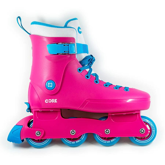 Introducing the CORE Retro Adjustable Inline Skates in vibrant pink with blue accents on the wheels, laces, buckle, and toe cap. These skates feature an aluminum frame and ABEC-9 bearings for a smooth ride. The signature "CORE" logo is displayed in white along the side. Designed for recreational use, this sleek model is a standout piece from the CORE collection.