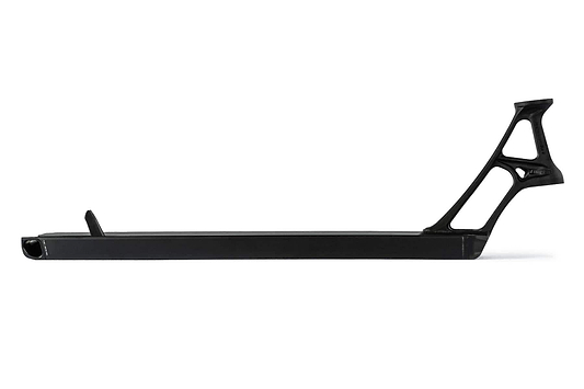 The Ethic DTC Pandemonium V2 Boxed Black Stunt Scooter Deck, measuring 5.5" x 21.3", features a built-in brake and intricately designed rear structure in a lightweight, sleek, minimalist design, viewed sideways against a plain white background.