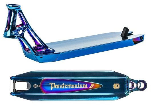 The Ethic DTC Pandemonium V2 Chrome Blue Stunt Scooter Deck shines in blue, iridescent magnificence. Exceptionally lightweight, the top image highlights its streamlined side profile with a metallic finish, while the bottom displays the "Pandemonium" text underneath.