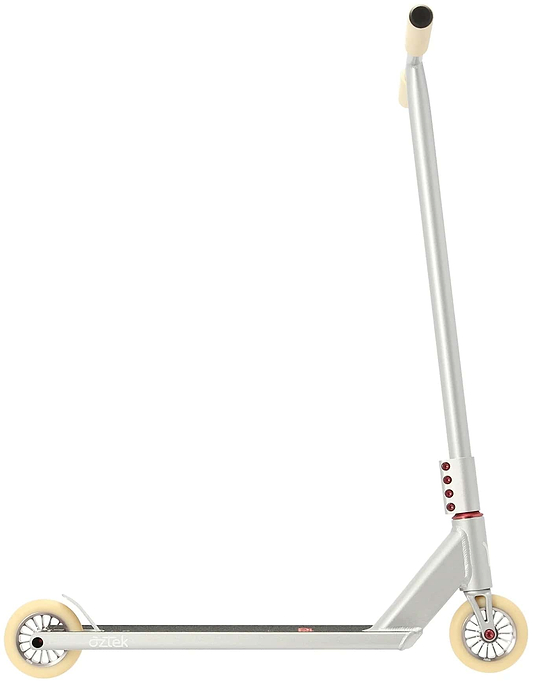 The Aztek Architect 2 Complete Stunt Scooter in Platinum Silver features white wheels, a black foot deck, and angled handlebars with beige grips—ideal for stylish street riding.