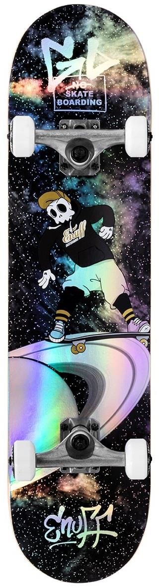 The Enuff Skully Hologram Black Complete Skateboard (7.75" x 31.5") is perfect for entry-level skaters, featuring a vibrant galaxy design with holographic graphics of a skeleton in a cap and hoodie, cruising through cosmic scenes with stars and graffiti-style text.