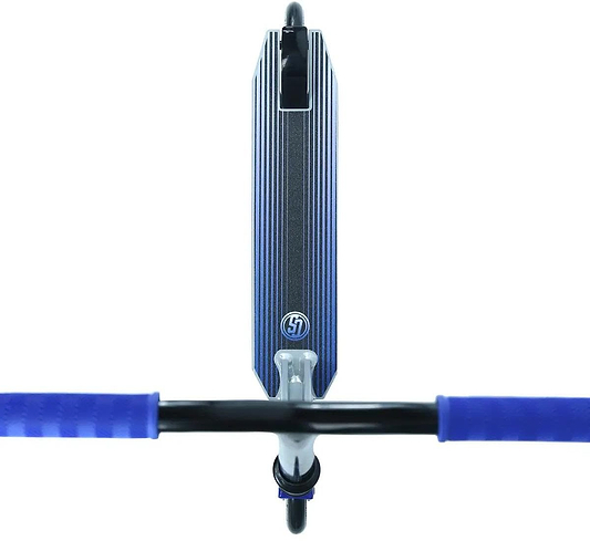 Overhead view of the Crisp Trophy Complete Stunt Scooter - Silver Sky, highlighting sleek black deck with central logo and striking blue handlebars. The design emphasizes durability, ideal for beginner riders and showcases an eye-catching color contrast.