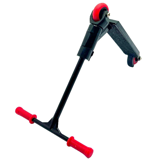 The Fingers Whips Finger Toy Scooter - Black by Finger Whips is showcased. It comes with two red handlebars, a black adjustable stem, and red wheels. This compact and foldable finger scooter is designed for performing miniature skateboarding tricks like Finger Whips, bringing the excitement of extreme sports to your fingertips.