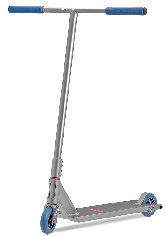 The Aztek Siren Complete Street Stunt Scooter in Grey features blue handlebar grips and wheels, a sturdy T-shaped handlebar, and a textured foot deck—ideal for stunt scooter fans seeking style and durability.