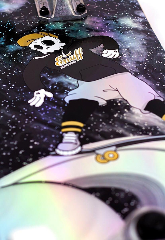 Experience the Enuff Skully Hologram Black Complete Skateboard, featuring a cartoon skull in streetwear on a 7-ply maple deck. Its vibrant cosmic background and striking holographic effect offer style and durability for entry-level skaters.