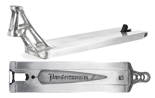 The Ethic DTC Pandemonium V2 Boxed Raw Stunt Scooter Deck (5.5" x 21.3") is shown from side and bottom views. Made from 6061-T6 aluminium, it features a cut-out "Pandemonium" engraving and an angular, open-frame neck design.