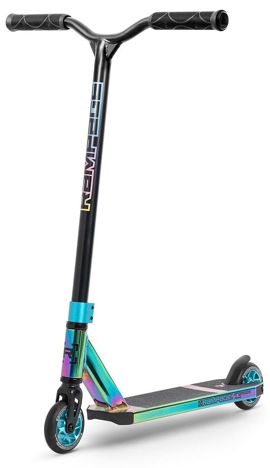 The Rampage R100A Complete Stunt Scooter - Oil Slick Neochrome features a black handlebar, oil slick deck, small wheels, and "RAMPAGE" branding—ideal for tricks and stylish park rides.