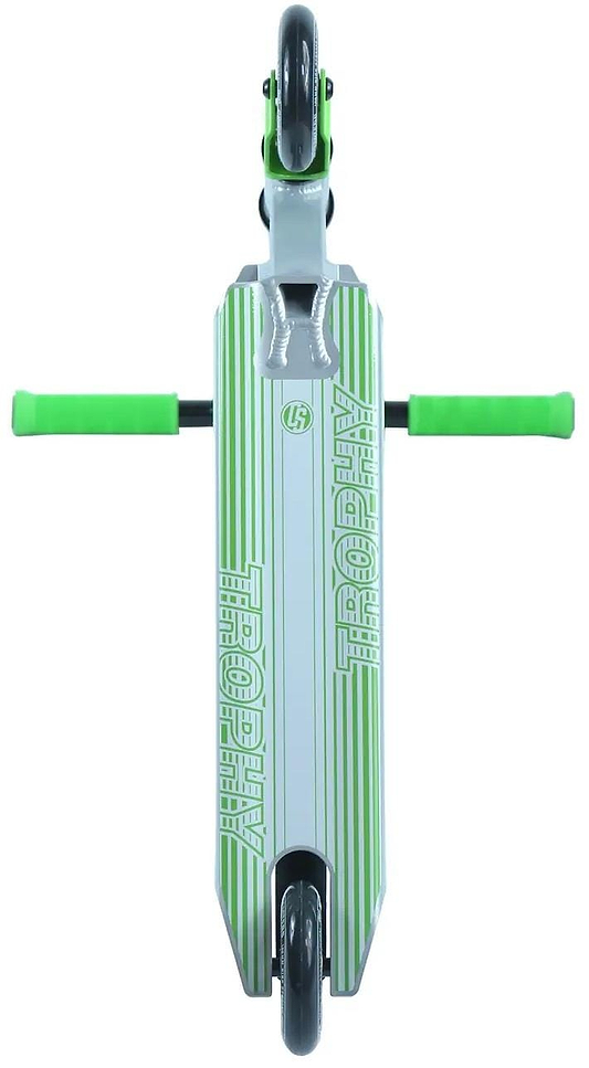 The Crisp Trophy Complete Stunt Scooter - Natural Green offers a top-down view of a white and green deck with "TROPHAY," ideal for beginners. It features durable elements like green handlebars and both front and rear wheels.