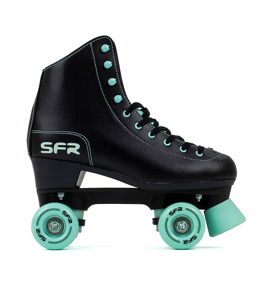 The SFR Figure Quad Roller Skates - Black / Mint feature a black leather design with mint laces, polyurethane wheels, toe stopper, and classic high-ankle support—ideal for beginners. SFR branding is displayed on the side.