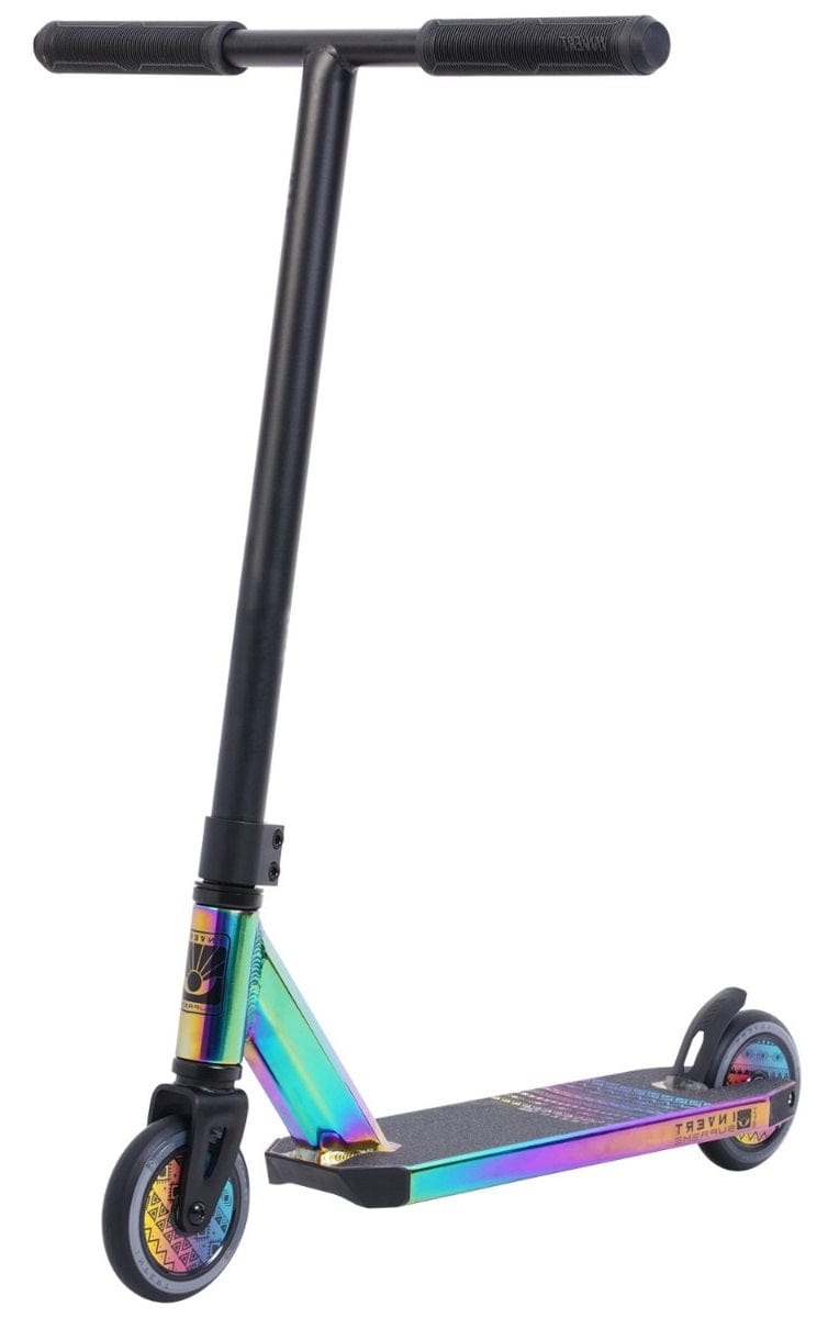 The Invert Supreme 1-4-8 Mini Kids Stunt Scooter in Neochrome is a perfect choice for the skate park, featuring a multicolored deck, black handlebar, and two wheels with an eye-catching iridescent design that kids will adore.