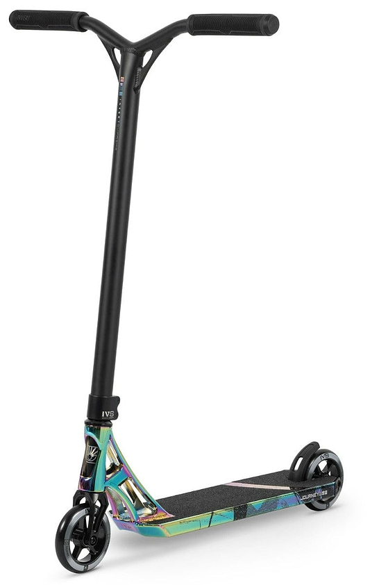 The Invert Supreme Journey 3 Jamie Hull Complete Stunt Scooter boasts a vibrant neochrome design with a black T-bar handle and grip tape on the deck. It features alloy core wheels and an ultra-lightweight deck for easy maneuverability, all set against a white background.