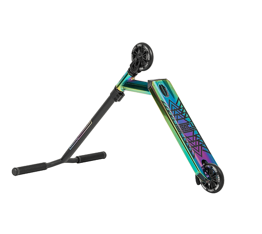 A vibrant Legacy 1.5 Mini Pro Complete Stunt Scooter, featuring a rainbow neochrome deck adorned with geometric patterns, complemented by black wheels and handlebar with grips, is positioned diagonally against a white backdrop.