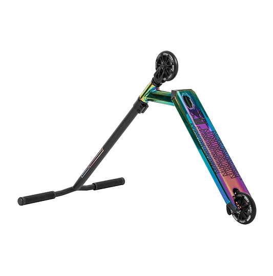 The Legacy 1.5 Pro Complete Stunt Scooter, a vivid creation from Legacy, boasts a multicolored geometric patterned deck complemented by black handlebars and grips. This rainbow neochrome scooter is completed with sleek black wheels, all set against a simple white background.