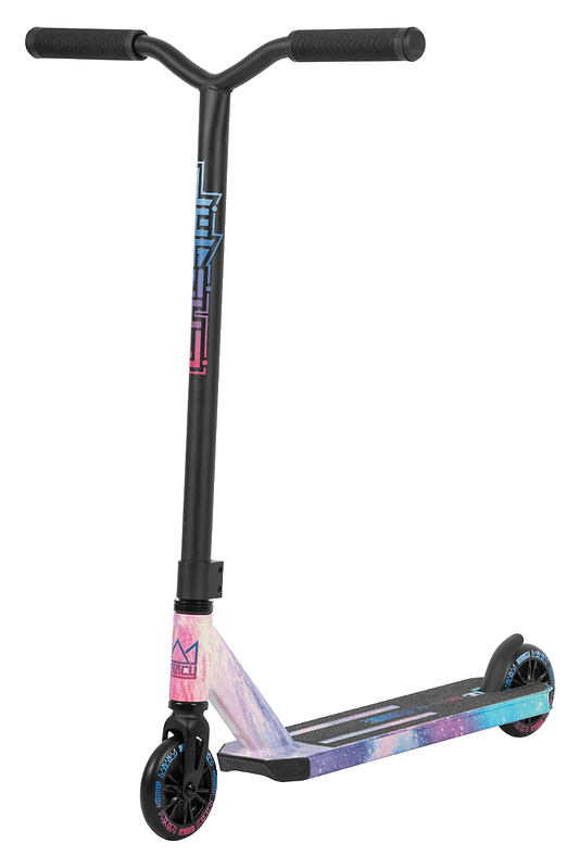 The Legacy Hydro Drip Complete Stunt Scooter - Alien Galaxy, by Legacy, features a vibrant scooter design with a black Hi-Ten Steel Y Bar and two wheels. Its deck showcases a galaxy-inspired Hydro Dip graphic in shades of pink, purple, and blue. This sleek and modern scooter is ideal for both stunts and leisurely rides.