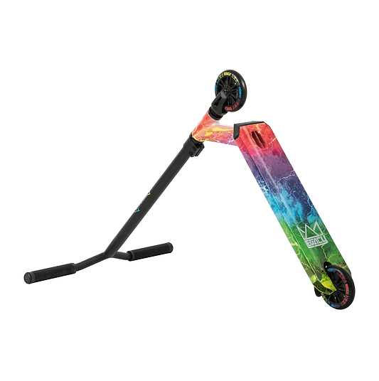 The Legacy Hydro Drip Complete Stunt Scooter in the Hectic Rainbow design boasts a vibrant rainbow pattern on the deck, complemented by black Hi-Ten Steel Y Bar handlebars and black wheels, all set against a sleek white backdrop for an artistic look.