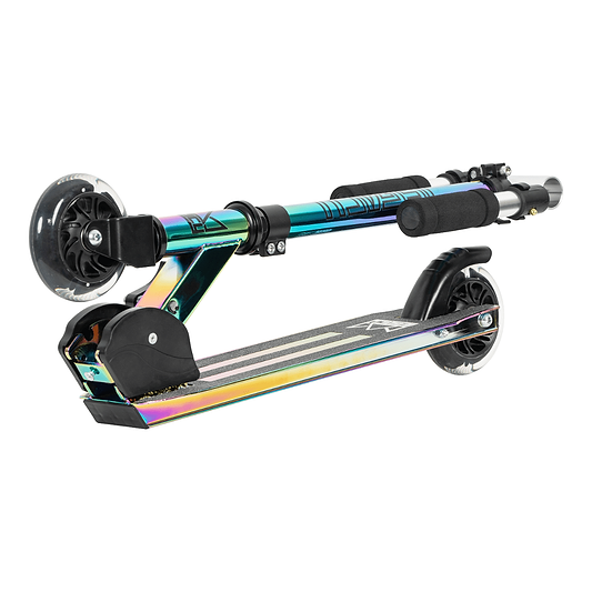 The Legacy AF100 Light Up Foldable Kick Scooter by Legacy, in Rainbow Neochrome, shines with metallic rainbow hues. It features LED light-up wheels, an adjustable grip-covered handlebar, and a textured deck with a geometric pattern.