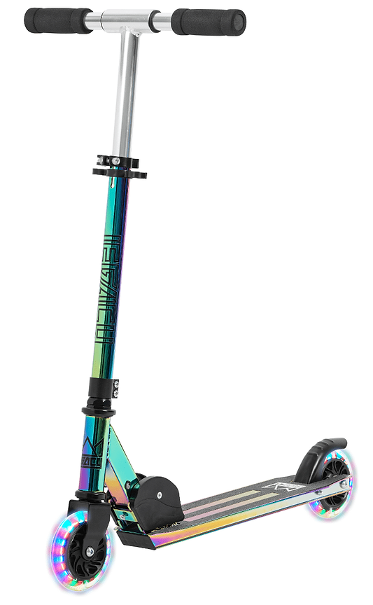 The Legacy AF100 Light Up Foldable Kick Scooter - Rainbow Neochrome by Legacy is displayed against a white backdrop, showcasing LED-lit wheels, an adjustable T-handlebar with black grips, and a sturdy graphic-adorned base. This vibrant scooter is both stylish and practical for adventures.