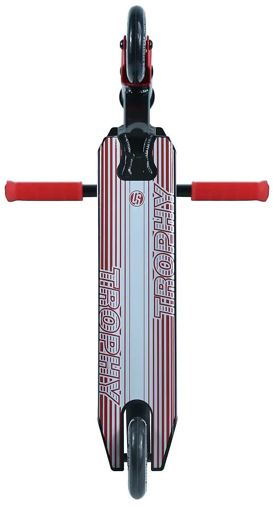 Top view of the Crisp Trophy Complete Stunt Scooter in Raven Red with red handlebars and wheels. It boasts a durable design with a deck featuring red and white stripes and "TROPLAY" printed on it, ideal for beginner riders.
