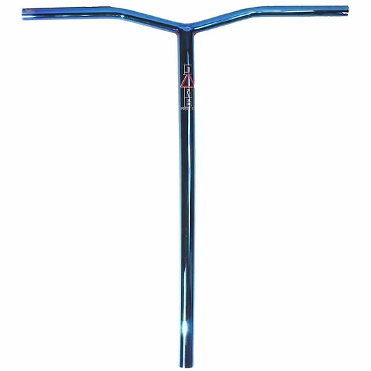 The Dare Wing Steel Standard SCS Stunt Scooter Bars in Blue Chrome (685mm x 610mm) feature a Y-shaped chromoly steel design with vertical stem, horizontal grips, and central logo—ideal for taller riders.