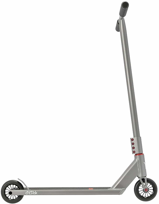 The Aztek Architect 2 Complete Stunt Scooter in Space Grey features a minimalist design with a straight handlebar, small black wheels, and red accents. Perfect for those seeking the signature Aztek style.