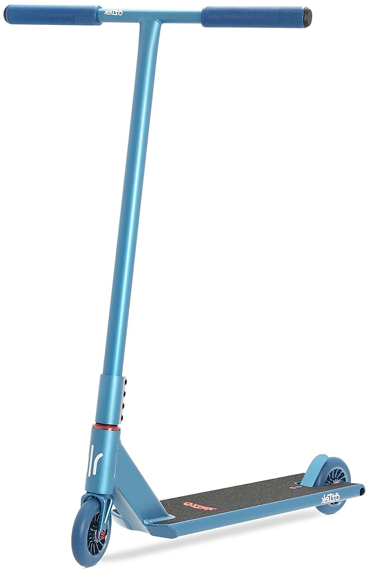 The Aztek Architect 2 Complete Stunt Scooter in Neptune Blue features a T-shaped handlebar, black grip tape, small wheels, and a metallic frame with red accents. This Aztek street scooter stands upright against a white background.