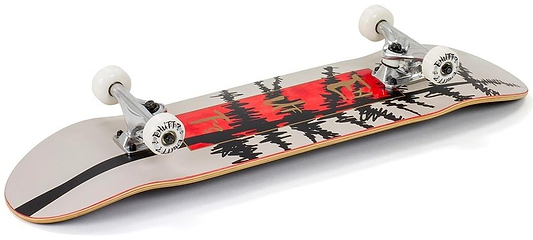 The Enuff Evergreen Tree Warm Grey / Red Complete Skateboard (8" x 32") is shown from a low angle, featuring a beige deck with a black and red abstract graphic, white wheels, and Enuff Decade trucks.