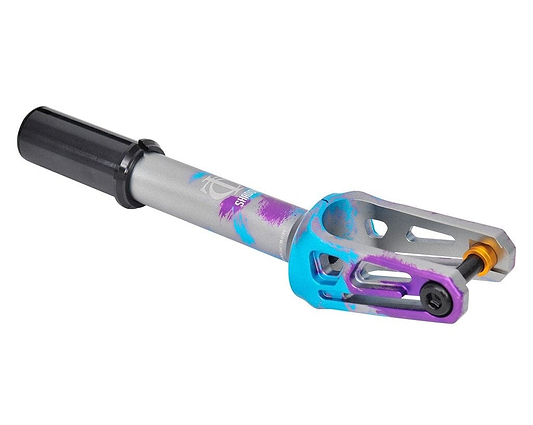 Introducing the Oath Shadow IHC Stunt Scooter Fork in Blue, Purple, and Titanium. Expertly crafted by Oath from durable 6061 T6 Aluminum, this colorful scooter fork features a smooth metallic finish with a gray tube that transitions seamlessly into vibrant shades of blue, purple, and pink. Designed to accommodate 125mm wheels, it showcases an open design with sturdy bolts and a dark cylindrical attachment at one end.