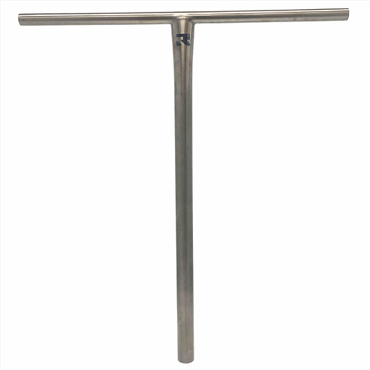 The Root Industries AIR Titanium Oversized HIC Stunt Scooter T-Bars - Raw 690mm x 600mm, feature a silver metallic T-shaped design with a smooth finish crafted from lightweight titanium. The handlebar includes a logo at the intersection of the vertical and horizontal bars and is displayed against a plain white background.
