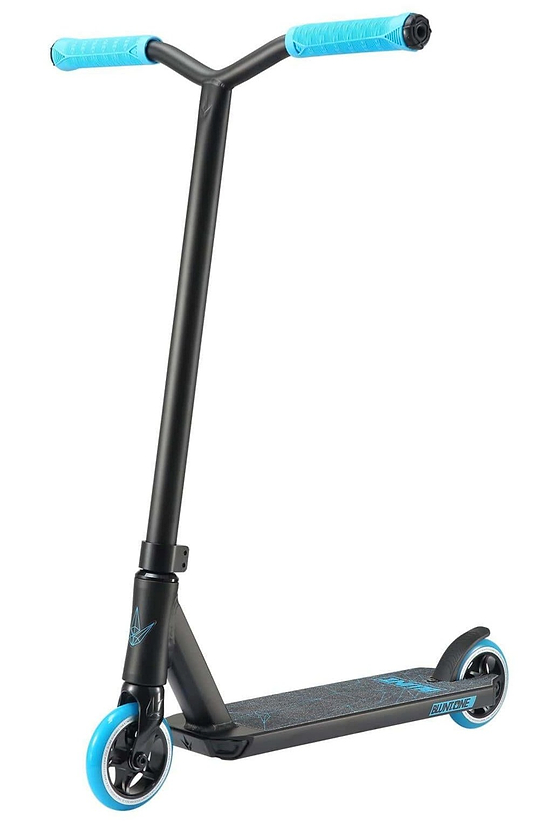 The Blunt Envy ONE S3 Complete Stunt Scooter - Blue showcases a robust black frame, highlighted by vibrant blue handle grips and wheels. Its deck is textured for enhanced stability and features a subtle design, making it an ideal choice for young scooter enthusiasts. The scooter is depicted standing upright against a white background.