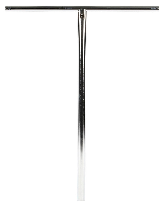 A polished T-shaped bar crafted from 4130 chromoly steel is set against a white background, showcasing an elegant transition from chrome to white. This creation by Ethic DTC embodies modern sophistication, resembling the iconic Trianon Stunt Scooter Bars.