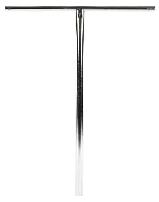 The Ethic DTC Trianon Steel Standard ICS/IHC Stunt Scooter Bars feature a durable raw silver T-shaped handlebar made from robust chromoly steel, standing out with its gleaming finish against the plain white background.
