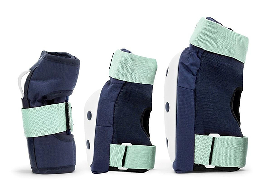 Displayed against a white background is the REKD Heavy Duty Triple Skate Protection Pad Set in Blue/Mint, consisting of three wrist guards and elbow pads. These pads, designed by REKD for sports or skating, feature adjustable straps and durable materials to ensure optimal protection.