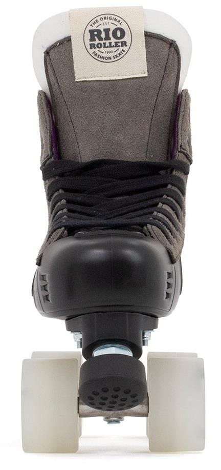 Back view of the Rio Roller Flow Hockey Quad Roller Skate in Black featuring sleek Flow wheels and a suede finish, showcasing the "Rio Roller" brand tag at the top.