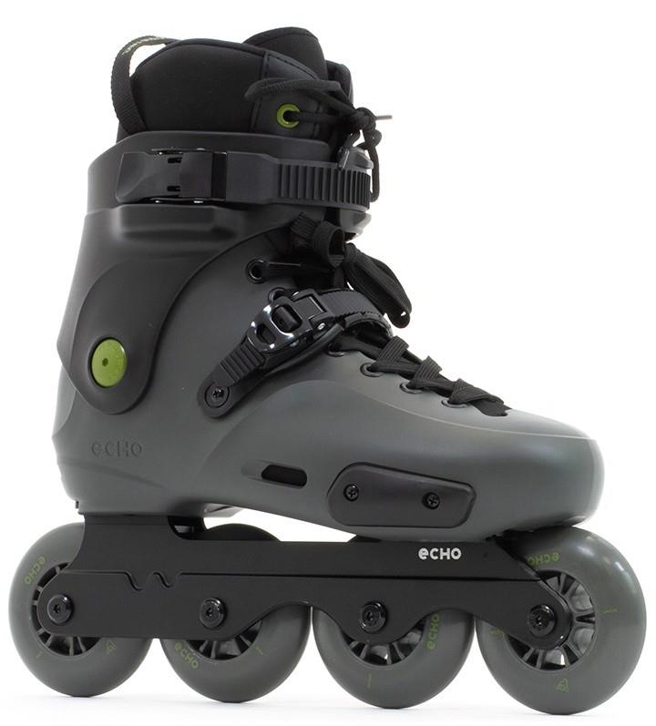 The Echo Sonar 4 Wheel Inline Freeskates in black by Echo feature adjustable straps and buckles, making them a stylish and durable choice for urban skating adventures.