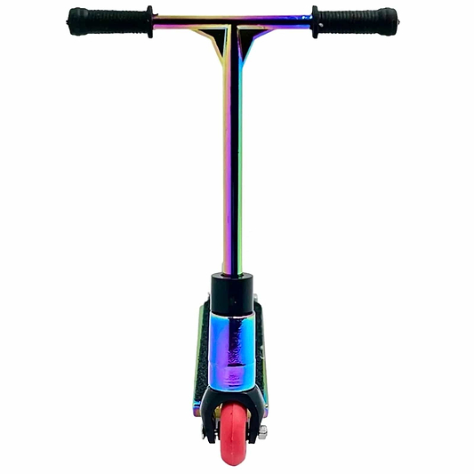 The Fingers Whips Finger Toy Scooter - Neochrome, by Finger Whips, is a vibrant finger scooter featuring black handlebars and a red front wheel, viewed from the front. Its metallic neochrome finish exhibits a stunning rainbow effect across the frame, making it ideal for performing tricks.