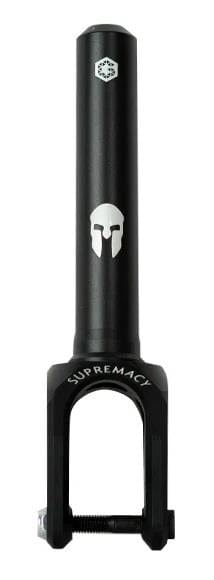 The Supremacy Spartan SCS/HIC Stunt Scooter Forks showcase a stylish matte black finish with a Spartan helmet logo and the brand name "SUPREMACY" elegantly printed. Made from high-grade aluminum, they are lightweight and designed for smooth rides.